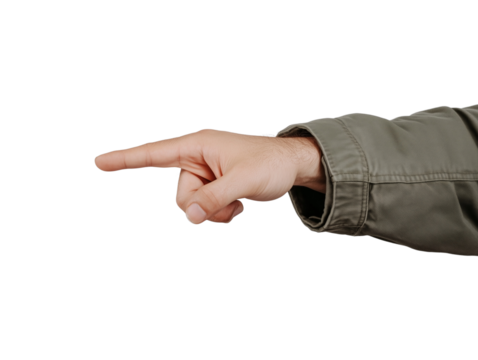 A person points decisively to the left with a raised finger while wearing a gray jacket. Isolated on transparent background.