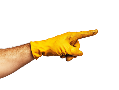 A hand in a yellow rubber glove points to an unseen location. Isolated on transparent background.