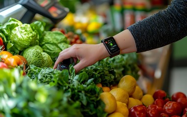 Shopkeeper Using Smartwatch for Payment in Health Food Store