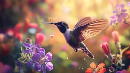Fototapeta premium Hummingbird in Flight Over a Field of Flowers