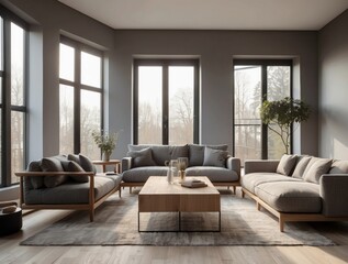 Modern Living Room Interior Design with Grey Couches and Wooden Coffee Table