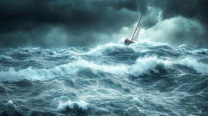 A lone sailboat battles through tumultuous waves under stormy skies, showcasing the power of nature and the spirit of adventure.