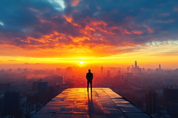 Fototapeta premium A sunrise over a cityscape, with a figure standing on a rooftop taking a deep breath, symbolizing finding motivation amidst exhaustion and burnout