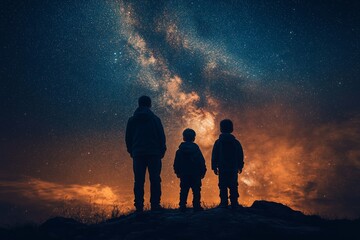 Family stargazing under the Milky Way on a clear night in a serene countryside setting