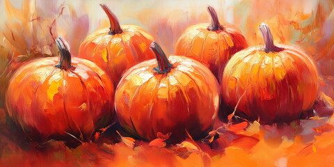 Naklejka premium Oil painting of a background with yellow, orange, and red pumpkins
