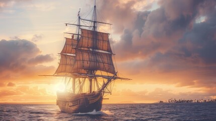 Fototapeta premium Majestic sailing ship at sunset, navigating calm ocean waters under dramatic sky, showcasing nautical adventure and maritime history.