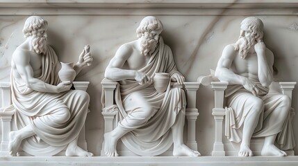 A marble relief depicting three ancient philosophers engaged in thoughtful discussion, showcasing classic artistry and wisdom.