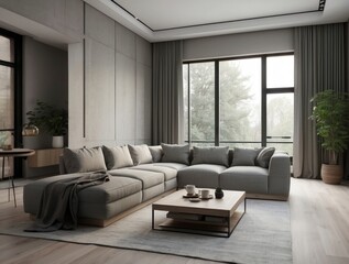 Fototapeta premium Modern Living Room with Grey Sectional Sofa and Large Windows