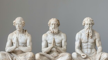 Three ancient marble statues of meditating men, showcasing intricate details and serene expressions, symbolizing tranquility and wisdom.