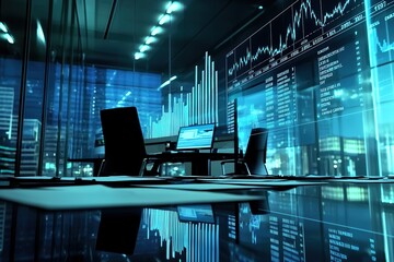 Modern trading office with financial charts on glass walls, computers on desks in a dimly lit room with reflections.
