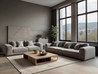Modern Living Room with Grey Sofas, Wooden Coffee Table, and Large Windows