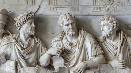 Fototapeta premium Intricate marble sculpture carving depicting three ancient figures in conversation, showcasing remarkable details and craftsmanship.