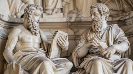 Ancient marble statues of philosophers discussing literature, showcasing classic Greek culture and timeless wisdom in detailed sculpture work.