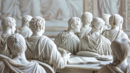 Detailed view of classical marble sculptures depicting a gathering, showcasing artistry and craftsmanship in historical architecture.