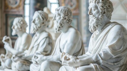 Row of ancient marble statues of philosophers displayed in a museum's grand hall, reflecting classical Greek artistry and intellectual heritage.