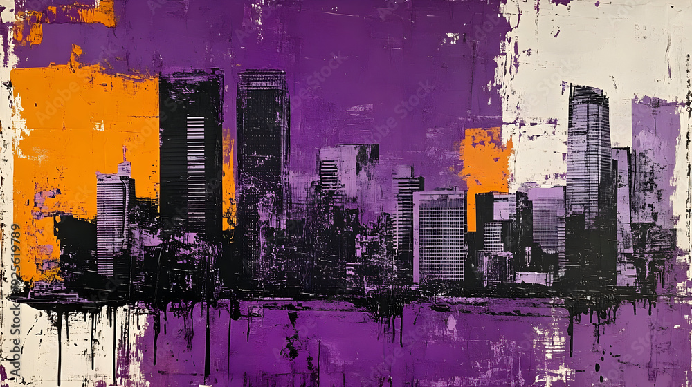 Poster abstract city skyline in purple and orange hues.