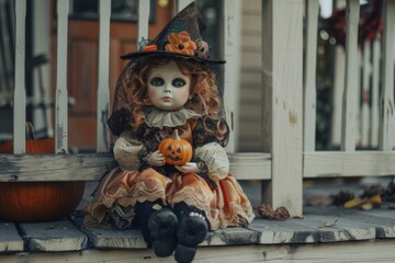 Doll in a costume sitting on a porch for Halloween.