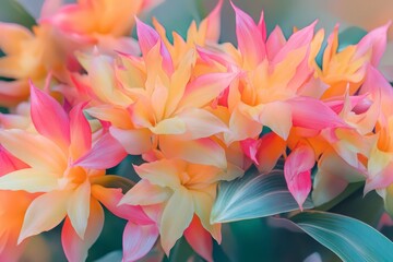 Fototapeta premium Colorful pink and orange blooms in a lush garden setting