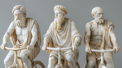 Unique statues of three historical figures riding bicycles, blending classical art with modern elements, showcasing intricate details.