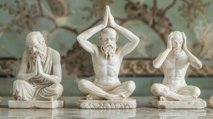 Obraz premium Three exquisite sculptures representing meditation and mindfulness in a serene setting, each depicting a unique pose.