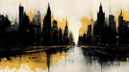 Obraz premium Abstract cityscape with yellow accents and reflective water.