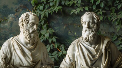 Obraz premium Two classical marble sculptures depicting bearded philosophers against a leafy background, showcasing intricate artistic craftsmanship.