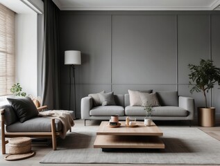 Modern Living Room with Grey Sofa, Wooden Coffee Table, and Plant