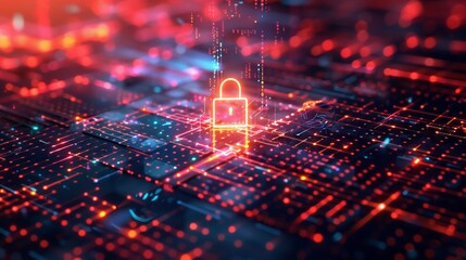 A digital representation of cybersecurity, featuring a glowing padlock amidst a network of vibrant, colorful data streams and circuits