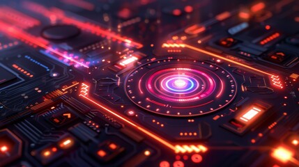 Fototapeta premium A close-up view of a futuristic circuit board, featuring glowing elements in blue and red, with intricate patterns and a central circular design