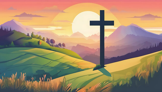 Cartoon colorful Cross on a hill sunrise Christian faith inspirational motivational church background room for copy