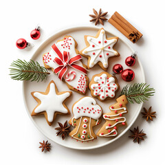 Plate with Christmas decorated cookies adorned with red bow, white star, red ornament and sprigs of pine on white background.