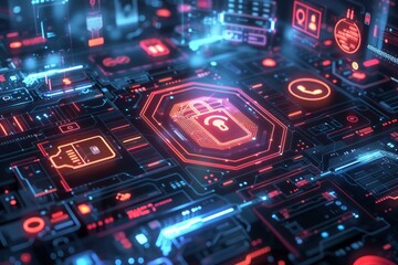 Fototapeta premium A futuristic digital interface showcasing a secure lock symbol amidst various interconnected data elements and technology graphics
