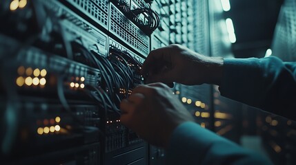 Fototapeta premium Data Center Technician Adjusting Cables in a Fully Populated Server Rack, Emphasizing Scale and Detail