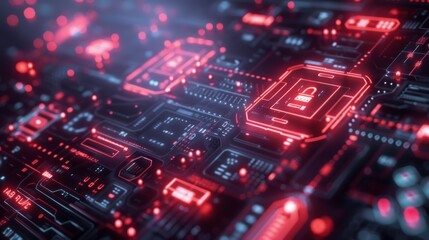 Fototapeta premium A vibrant digital circuit board with luminous red connections and security symbols, illustrating advanced technology and data security themes in a futuristic setting.