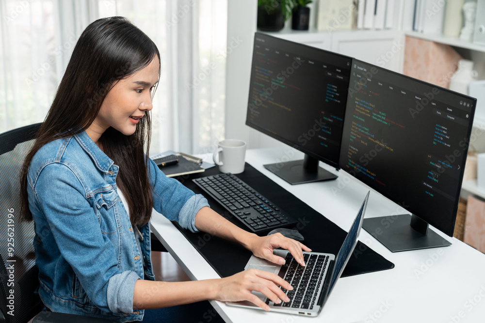 Poster smiling young asian in it developer creating with typing online information on laptop with coding pr