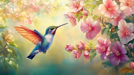 Fototapeta premium Hummingbird in Flight Near Pink Flowers