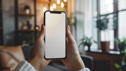 In a cozy, chic space filled with greenery, a person holds a sleek smartphone displaying a blank screen, embodying the essence of technology in contemporary living.