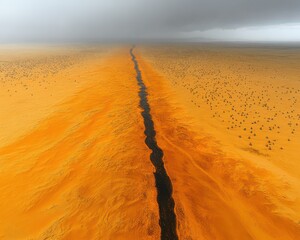 Aerial View of a Stark Road through Vibrant Orange Desert under Stormy Sky Capturing Dramatic Contrast and Vastness of Nature