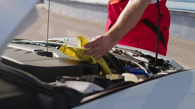 Male auto mechanic checks car engine oil at auto service, ensuring proper lubrication. Regular car maintenance. Worker of a car service checks the quantity and quality of the oil in the car.
