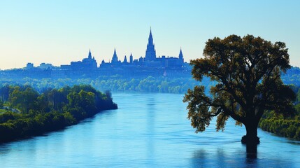 Fototapeta premium Stunning view of historical city skyline with spires and river in foreground, framed by lush green tree on a serene clear day