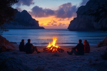 Campers gather around a campfire on the beach at sunset, enjoying the warm glow and scenic views in a tranquil coastal area