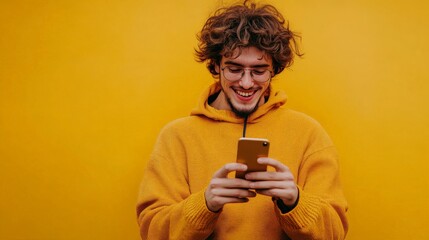 Fototapeta premium happy 25 years old man using mobile phone, she is looking at phone