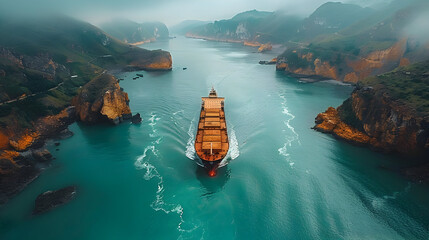 Aerial View of Cargo Ship Navigating a Narrow Strait with Lush Green Mountains - Photo
