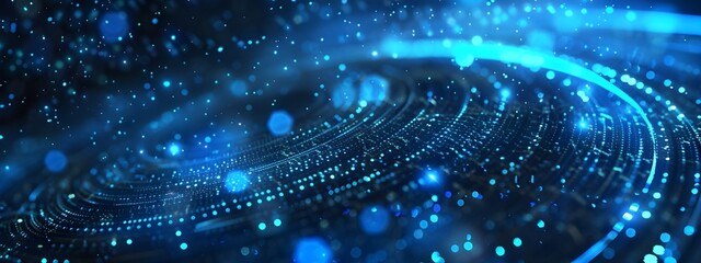 Abstract blue glowing lines forming circular shapes on a dark background, symbolizing data flow and technology network concepts.