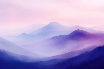 Gentle morning light over misty mountains in soft pastel hues