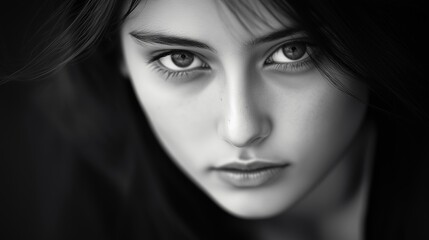 Fototapeta premium Striking Black and White Portrait of a Young Woman with Intense Gaze