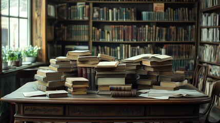 books on the table and classes and the bottom shelf