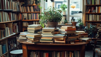 books on the table and classes and the bottom shelf