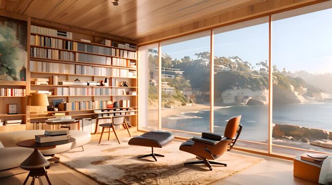 Inviting home office library with large windows offering expansive views of an ocean beach and nature, bathed in soft sunlight, complemented by a contemporary room design with a stylish bookshelf