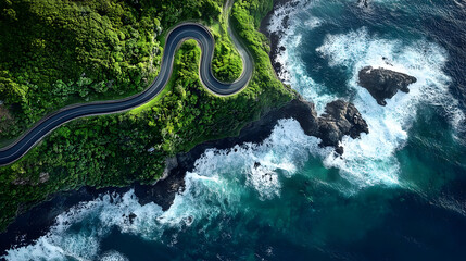 Aerial view of a winding road along a lush coastline with crashing waves.